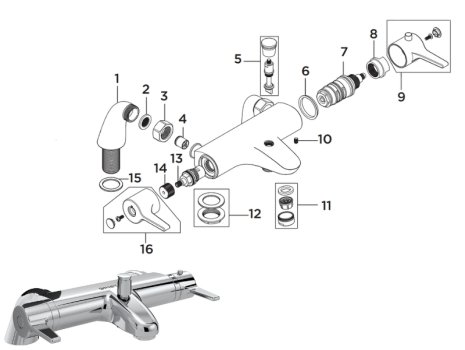 Bristan Design Utility Lever Thermostatic TMV2 Bath Mixer Shower - Chrome (DUL3 THBSM C) spares breakdown diagram